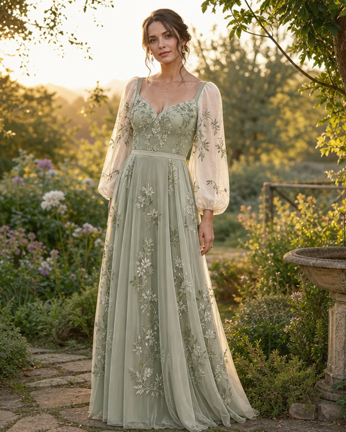 Adult in an original light garden royal gown portrait