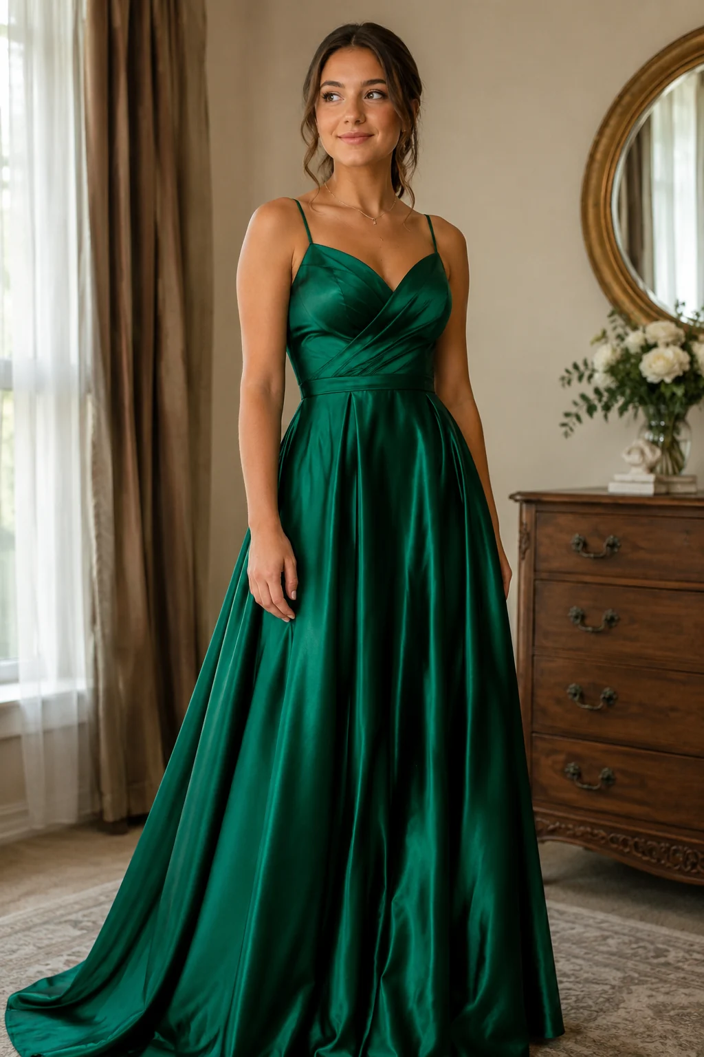 A teenage girl in a flowing emerald-green floor-length prom gown standing in a softly lit room, the satin catching the light, her own face and posture unchanged