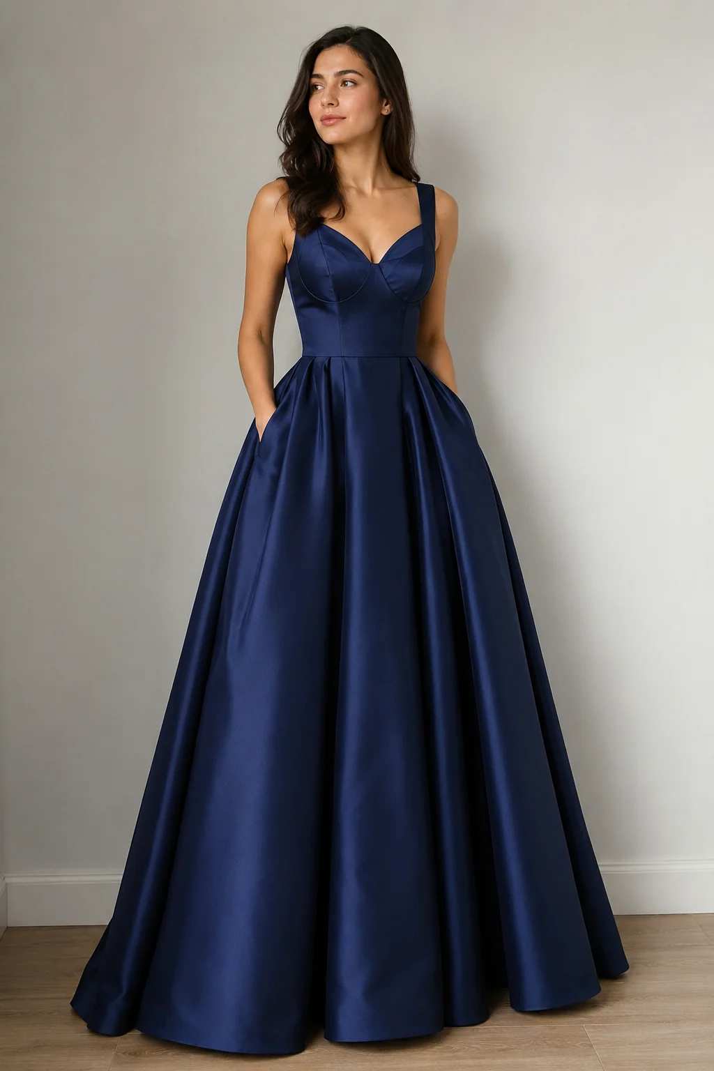 A young woman in a structured navy ball gown with a full skirt photographed full-length against a plain wall, the hem grazing the floor, her stance and figure her own