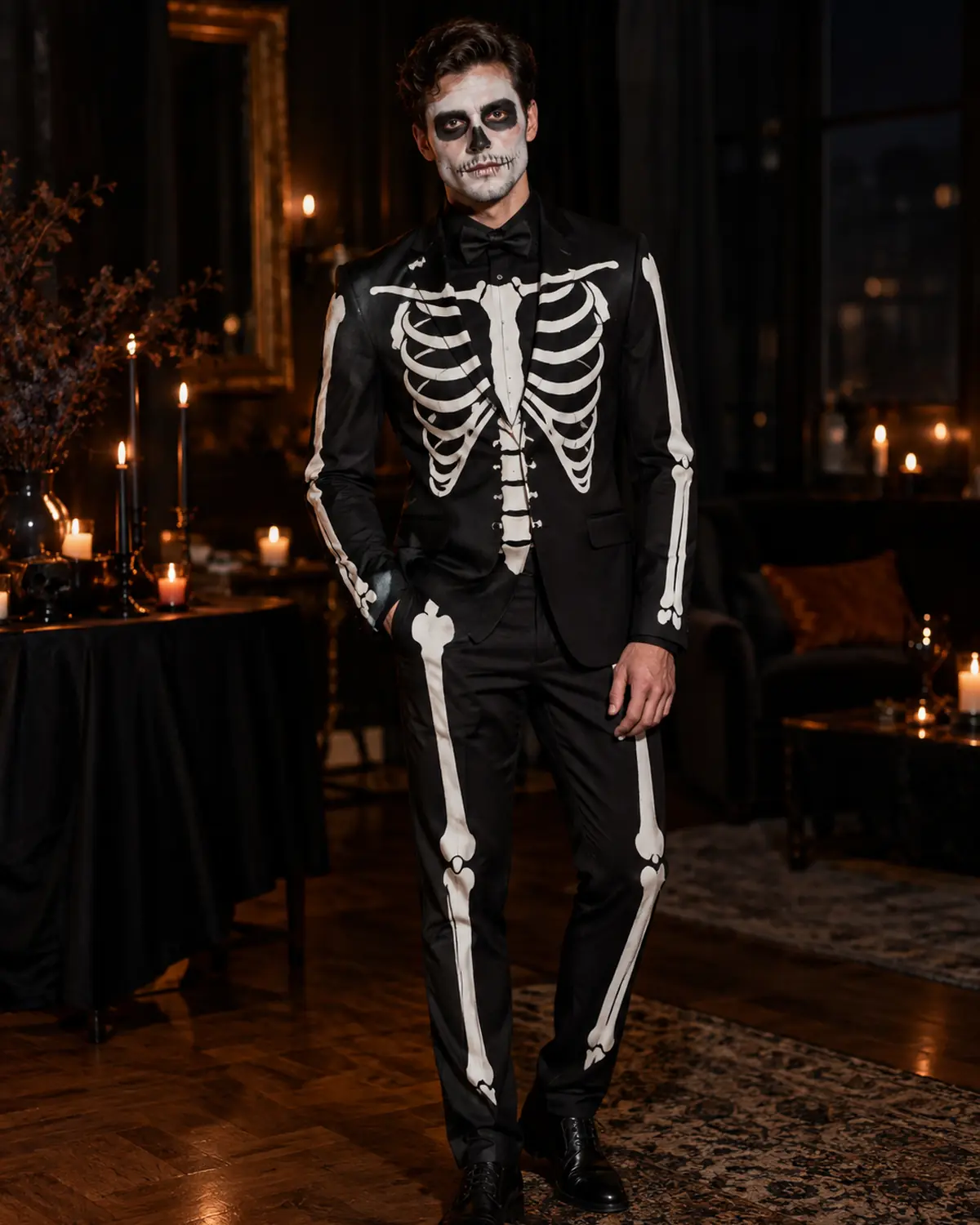 Adult man in an original skeleton tuxedo costume in a candle-lit party room