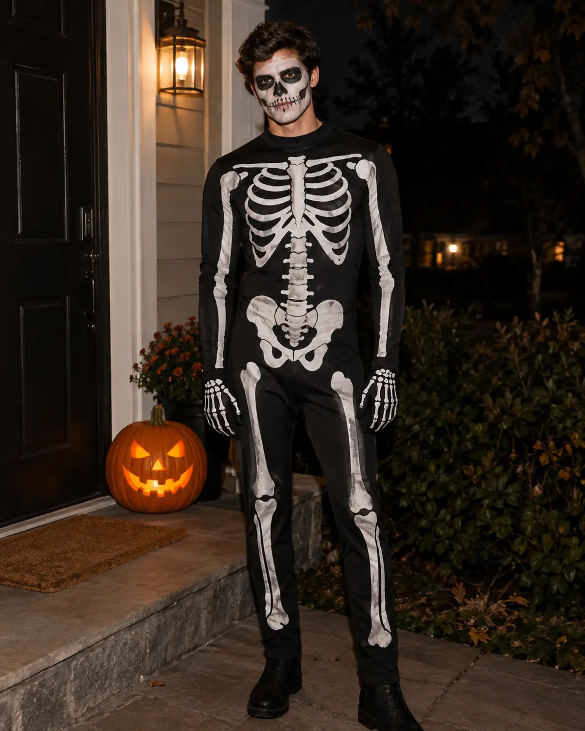 Adult man in an original skeleton bodysuit with printed gloves on a porch at night