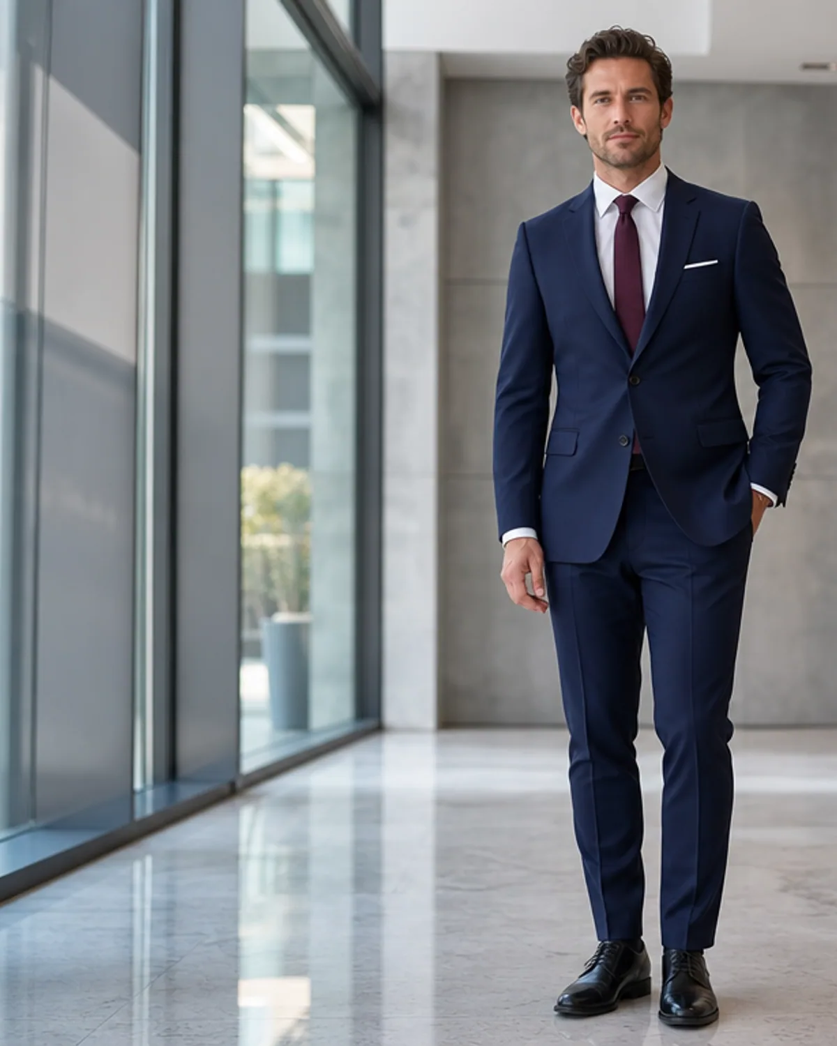 Adult wearing an original navy business suit in a portrait