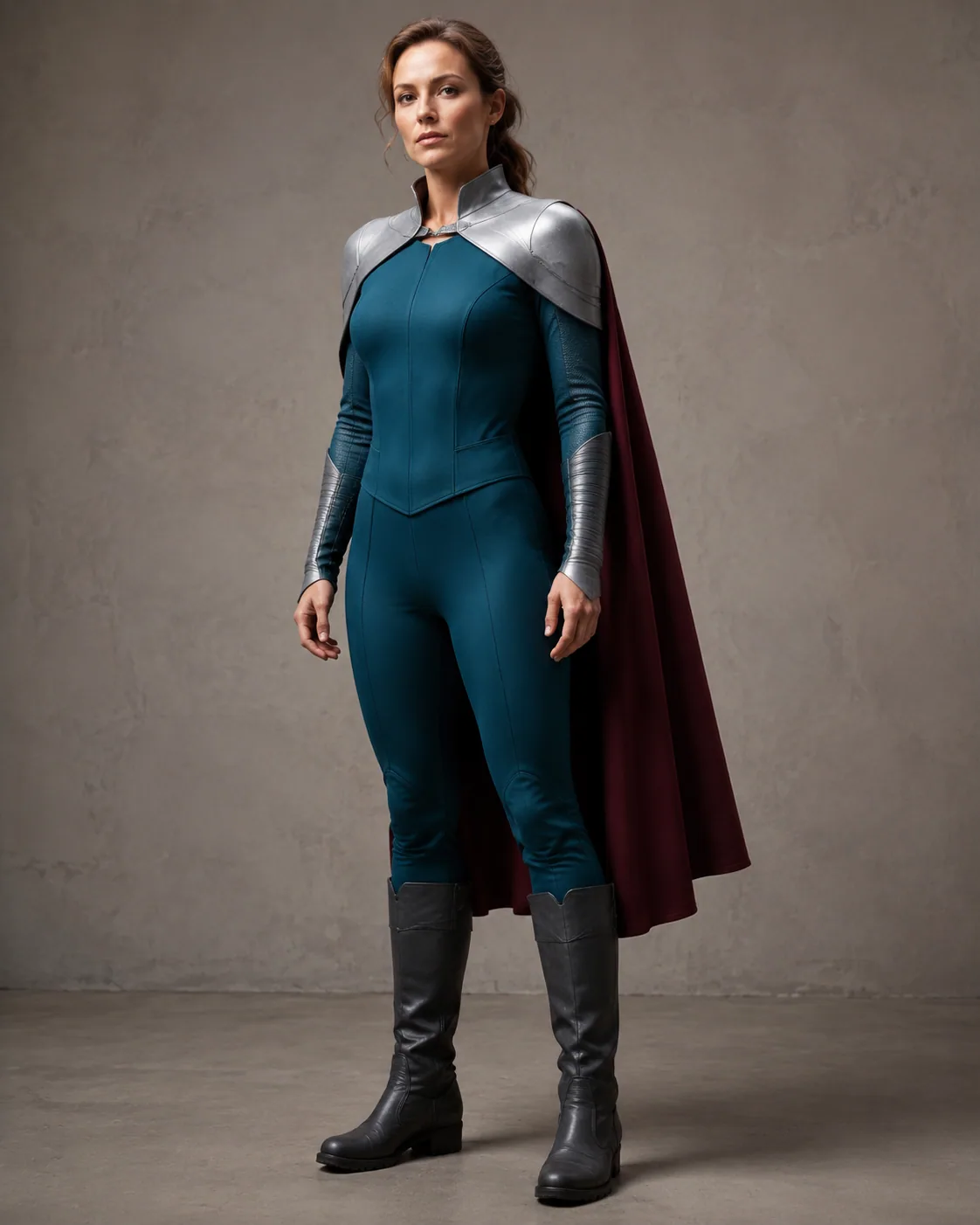 Adult woman wearing an original teal and silver caped hero costume in a neutral studio
