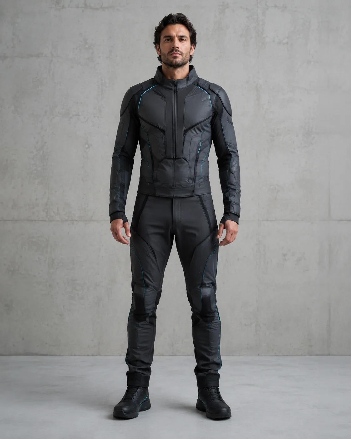 Adult man in an original graphite technology hero suit with subtle cyan details