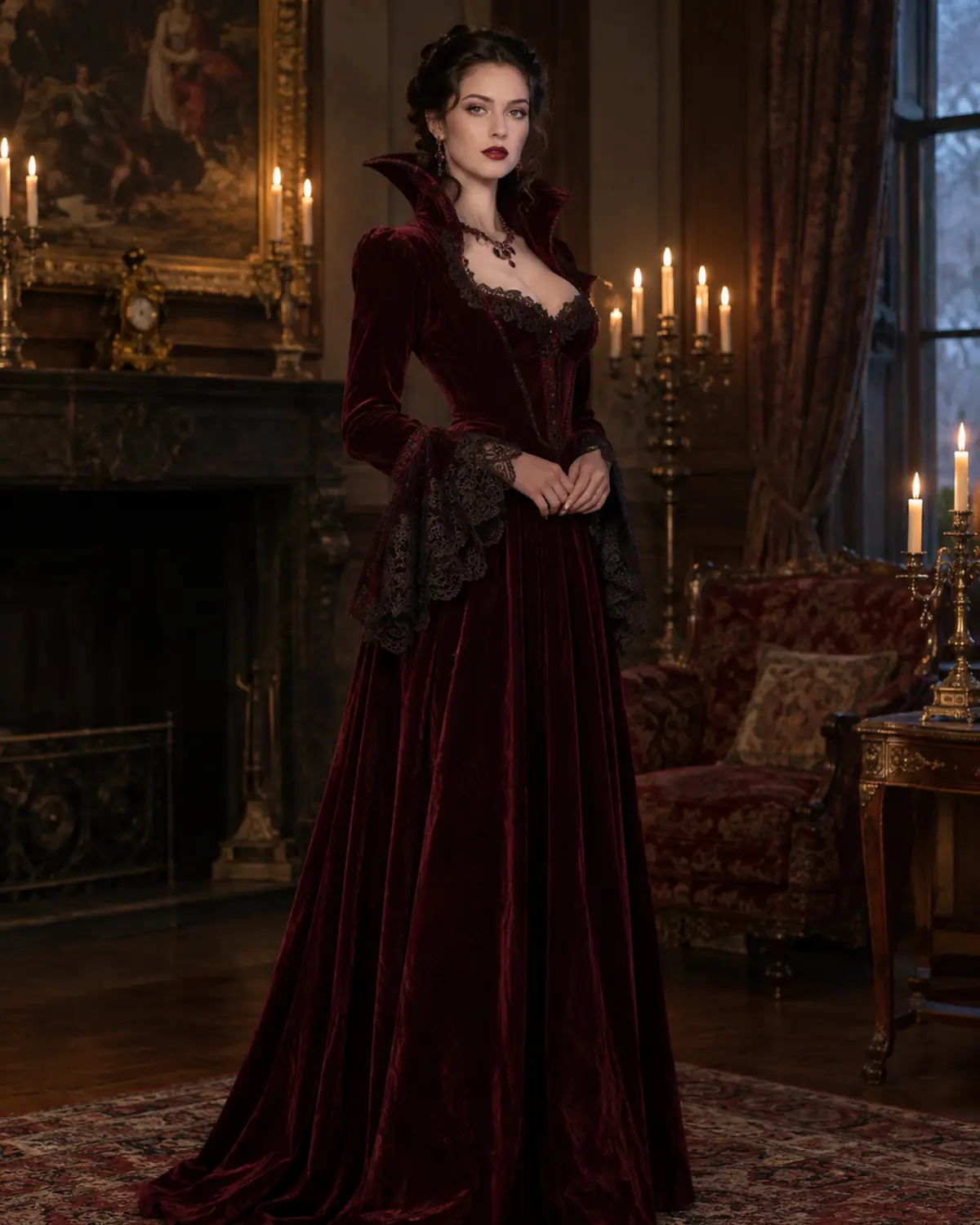 Adult woman in an original burgundy velvet vampire gown in a candle-lit room