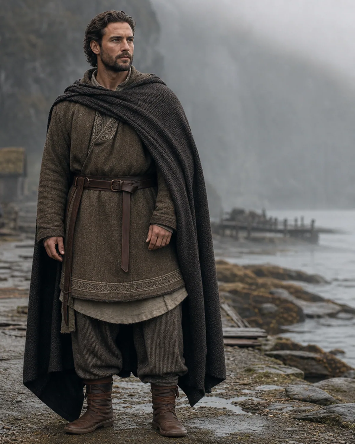 Adult wearing an original grounded Norse-inspired traveler outfit