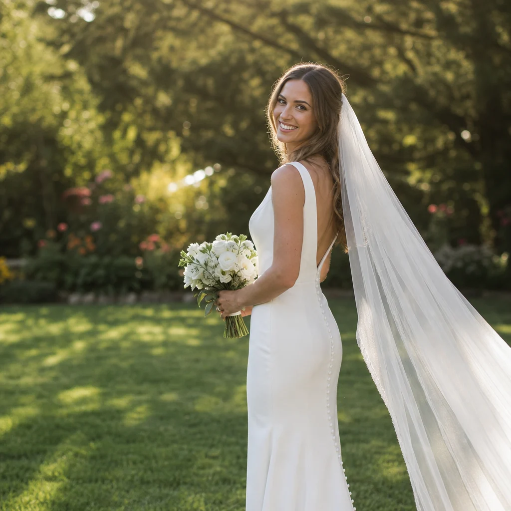 A smiling bride wearing a fitted satin gown with a long flowing veil, photographed outdoors in golden late-afternoon light, garden softly blurred behind her